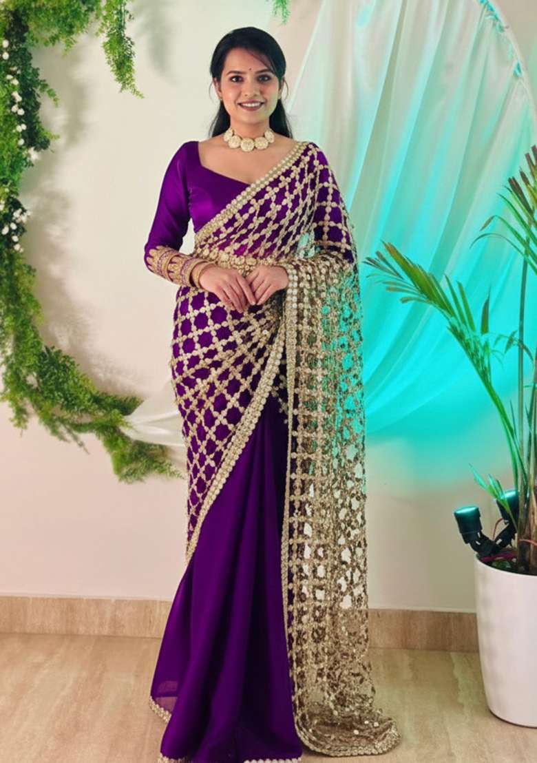 Purple Solid Silk Blend Saree Set for Diwali | Wedding & Festive Wear - Indya