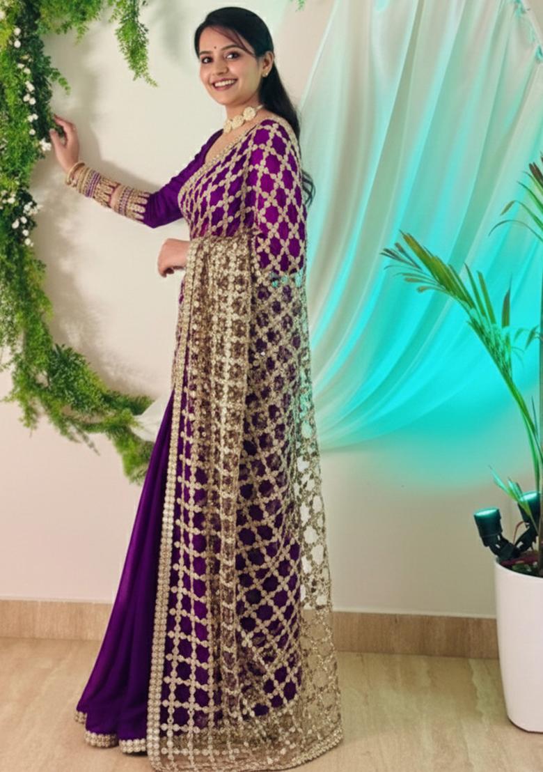 Purple Solid Silk Saree Set - Indya