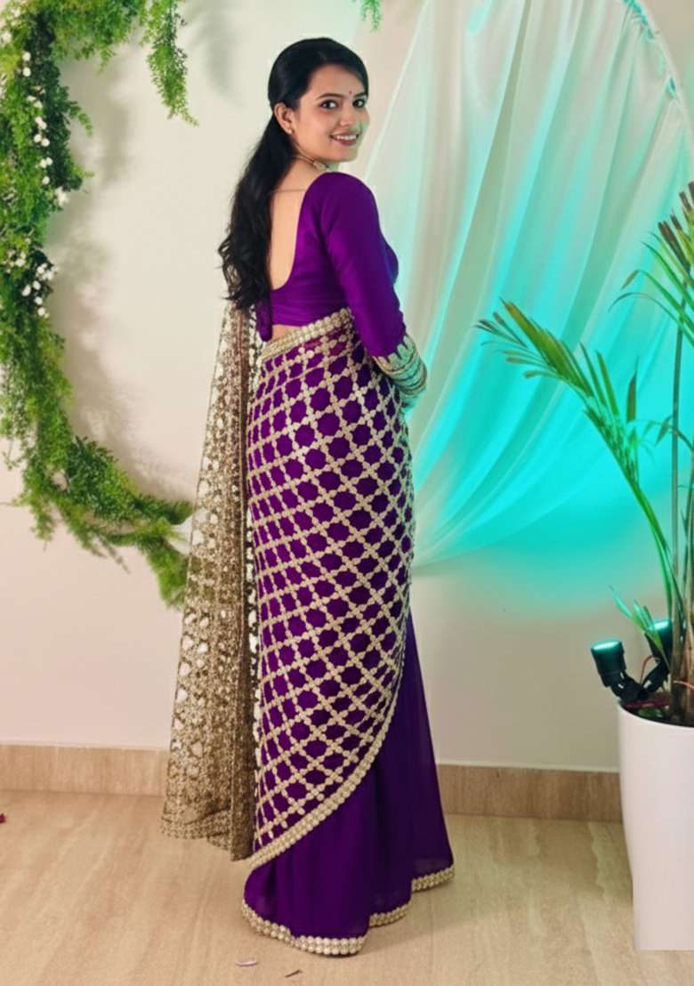 Purple Solid Silk Blend Saree Set for Diwali | Wedding & Festive Wear - Indya