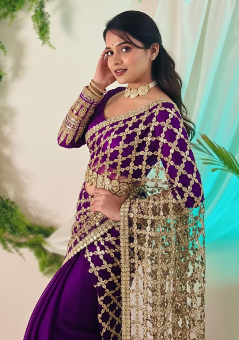 Purple Solid Silk Saree Set - Indya