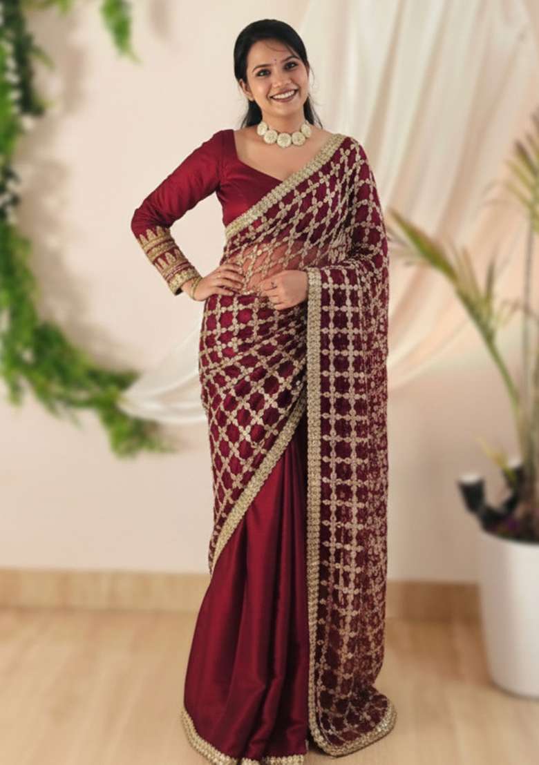 Maroon Solid Silk Blend Saree Set for Diwali | Wedding & Festive Wear - Indya