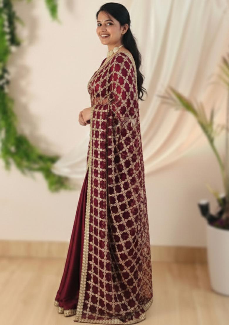 Maroon Solid Silk Saree Set - Indya