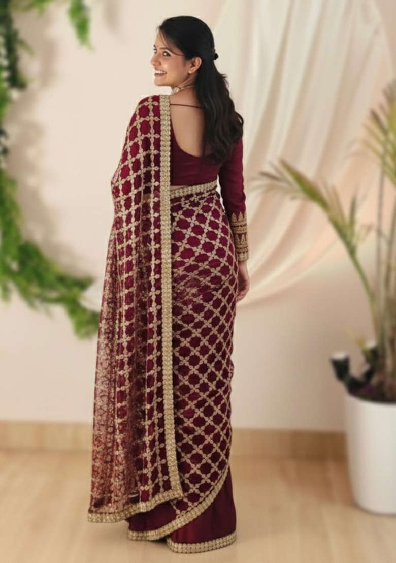 Maroon Solid Silk Blend Saree Set for Diwali | Wedding & Festive Wear - Indya