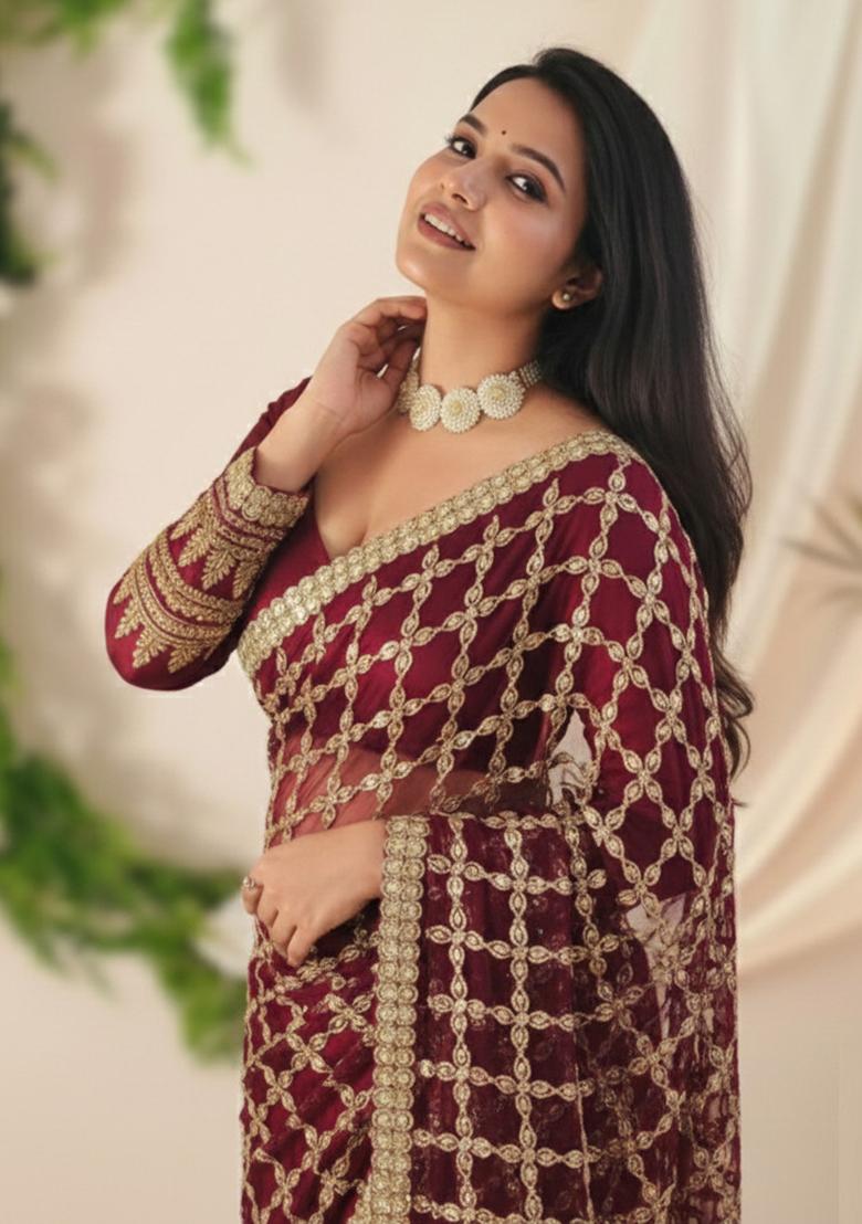 Maroon Solid Silk Saree Set - Indya