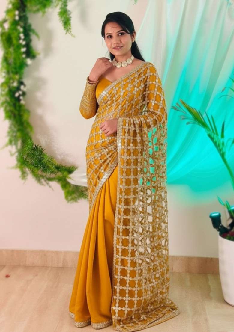 Yellow Solid Silk Blend Saree Set for Diwali and Festive Wear - Indya