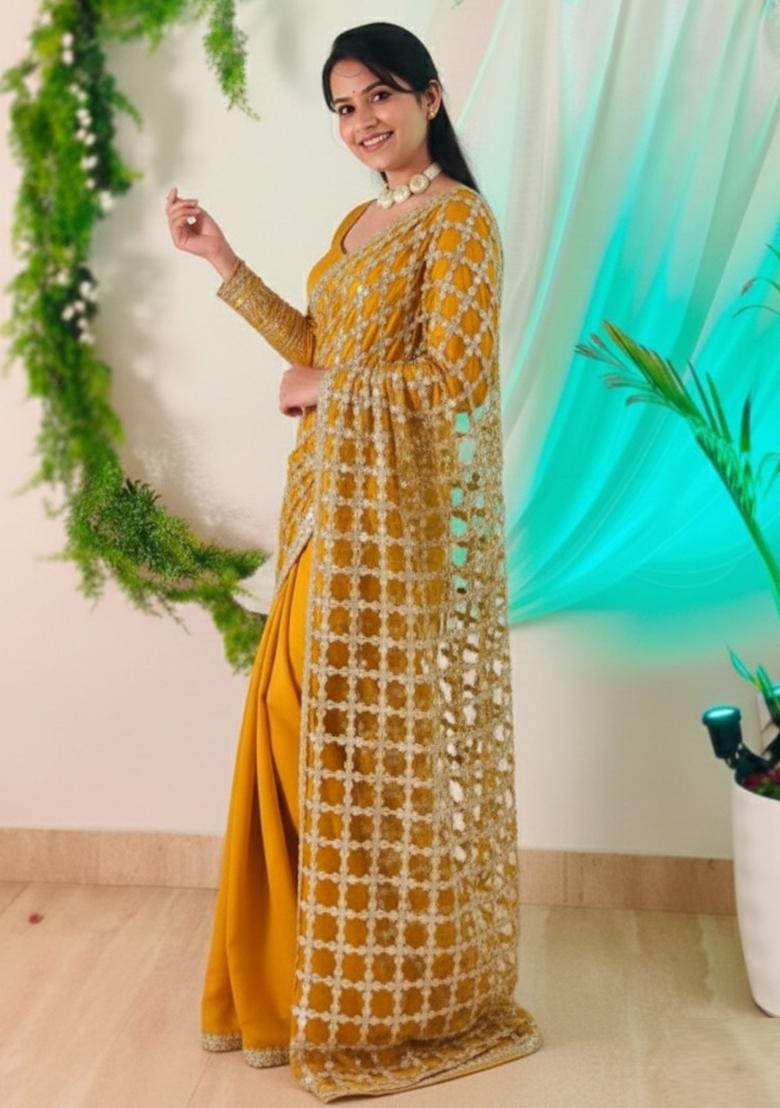 Yellow Solid Silk Saree Set - Indya