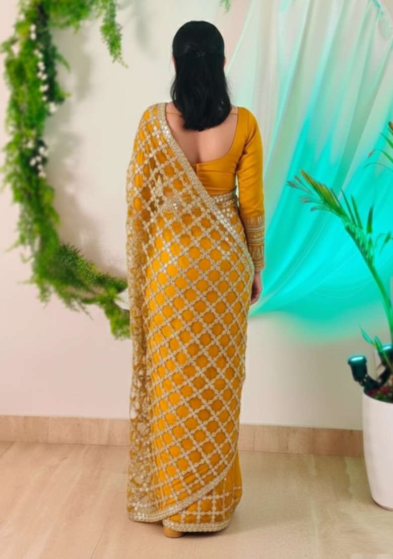 Yellow Solid Silk Blend Saree Set for Diwali and Festive Wear - Indya