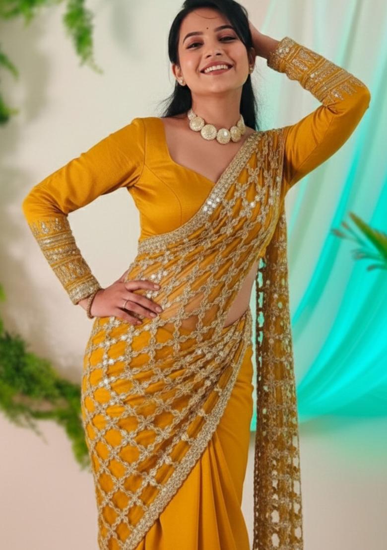 Yellow Solid Silk Saree Set - Indya