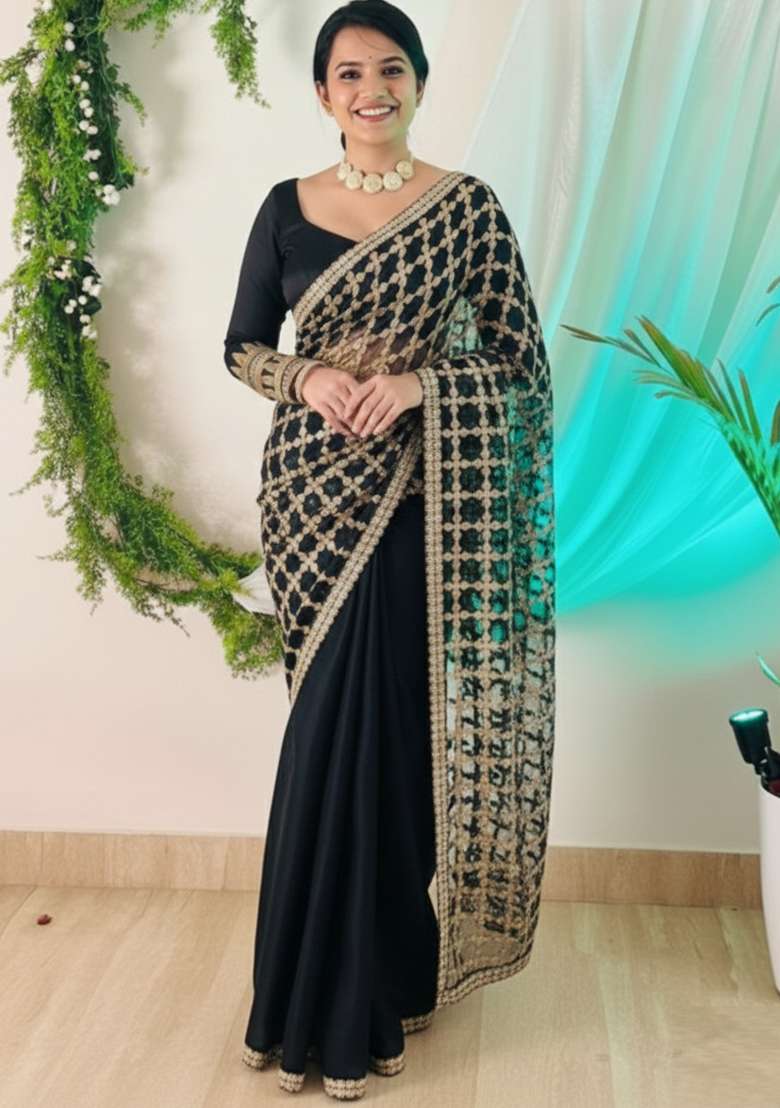 Black Solid Silk Blend Saree Set for Diwali and Festive Wear - Indya