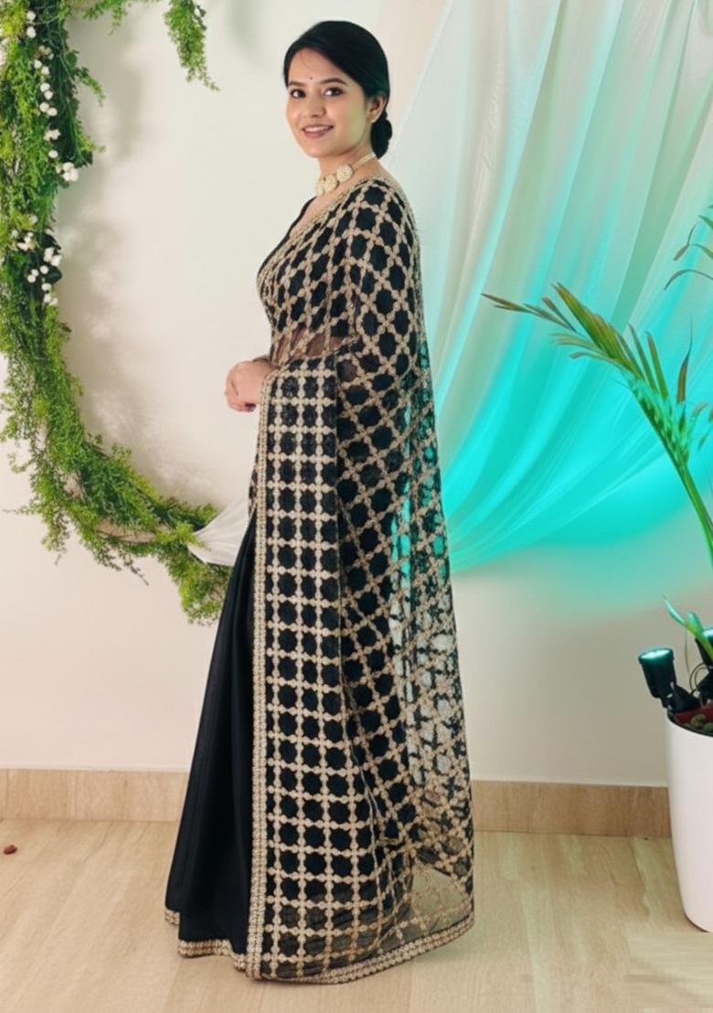 Black Solid Silk Saree Set - Indya