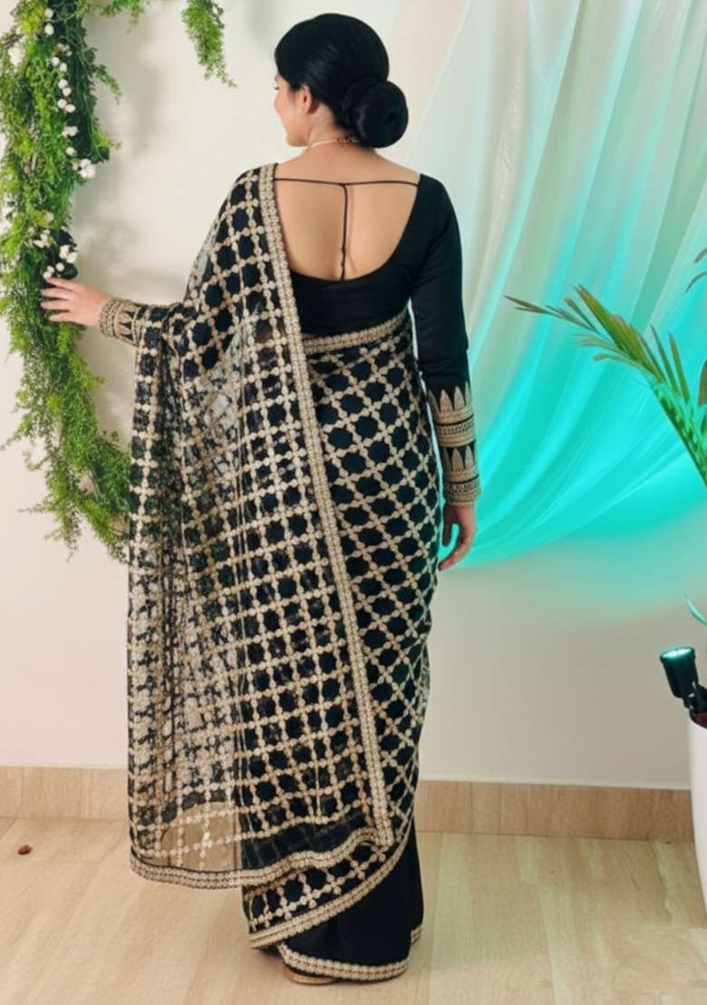 Black Solid Silk Blend Saree Set for Diwali and Festive Wear - Indya