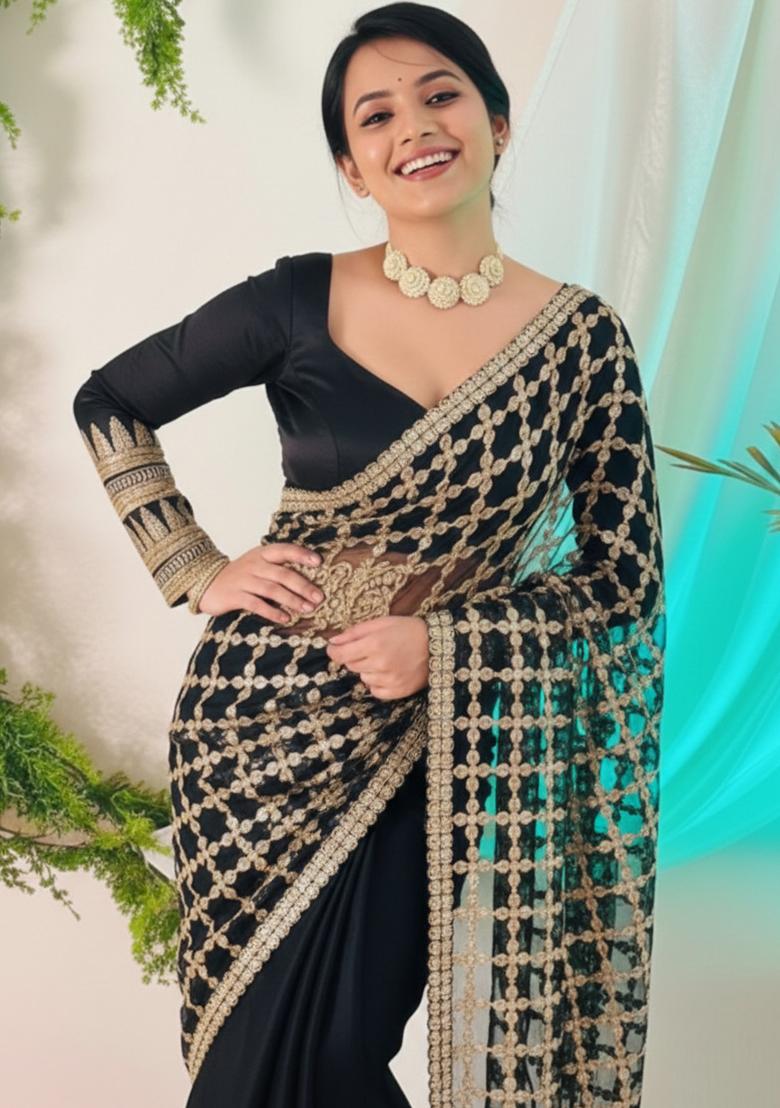 Black Solid Silk Saree Set - Indya