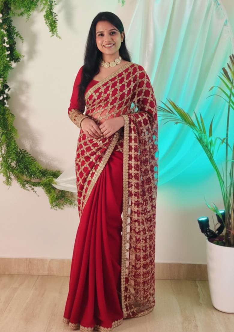 Red Solid Silk Blend Saree Set for Diwali and Festive Wear - Indya