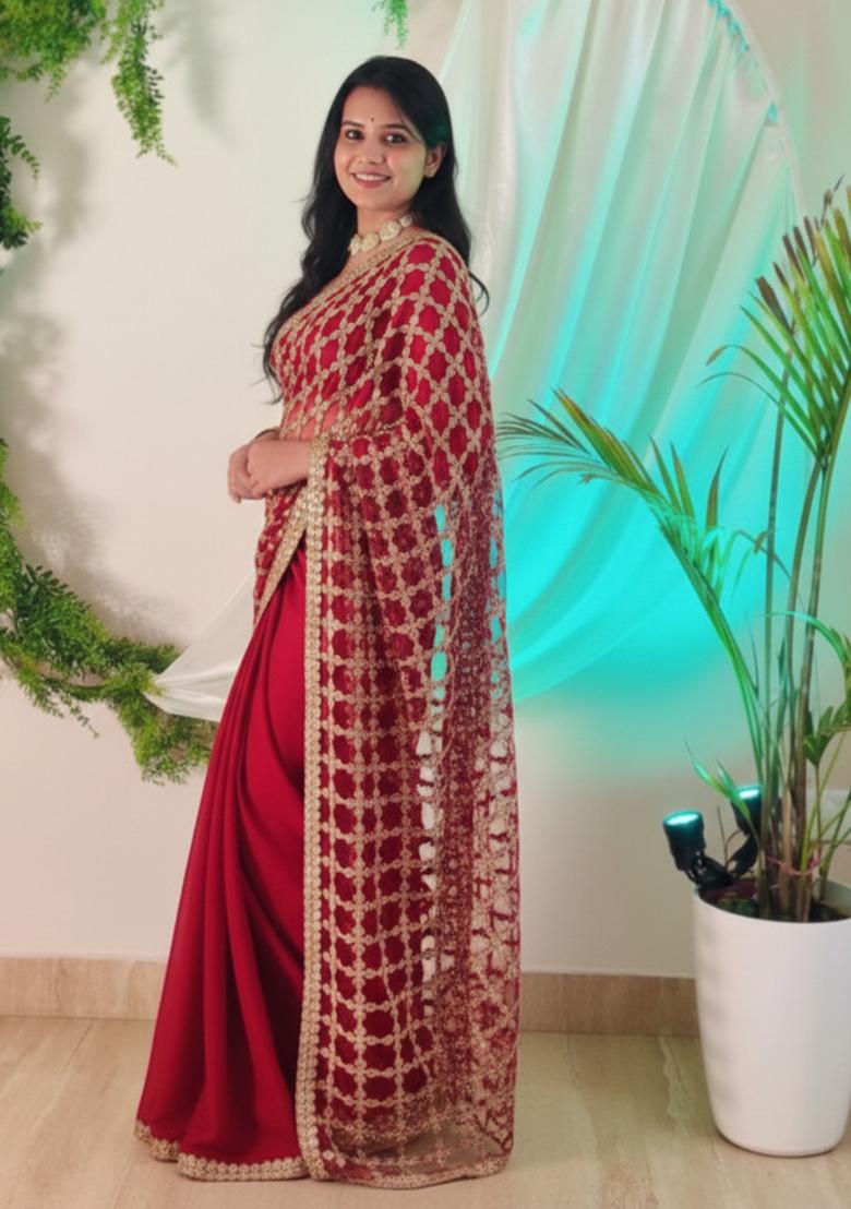 Red Solid Silk Saree Set - Indya