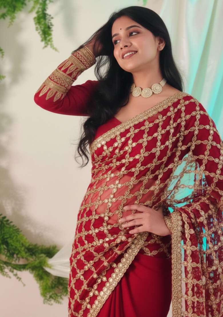 Red Solid Silk Blend Saree Set for Diwali and Festive Wear - Indya