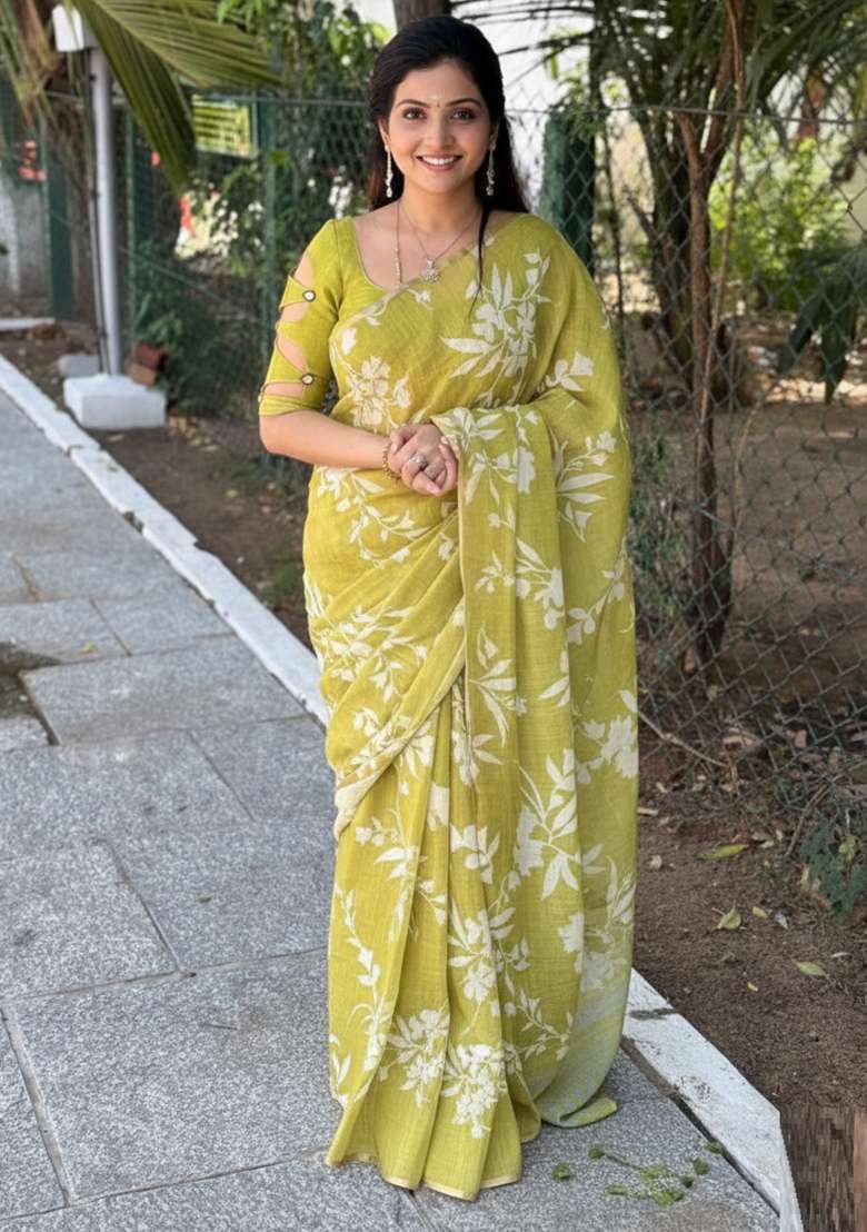 Lime Green Printed Linen Saree Set for Diwali and Festive Wear - Indya