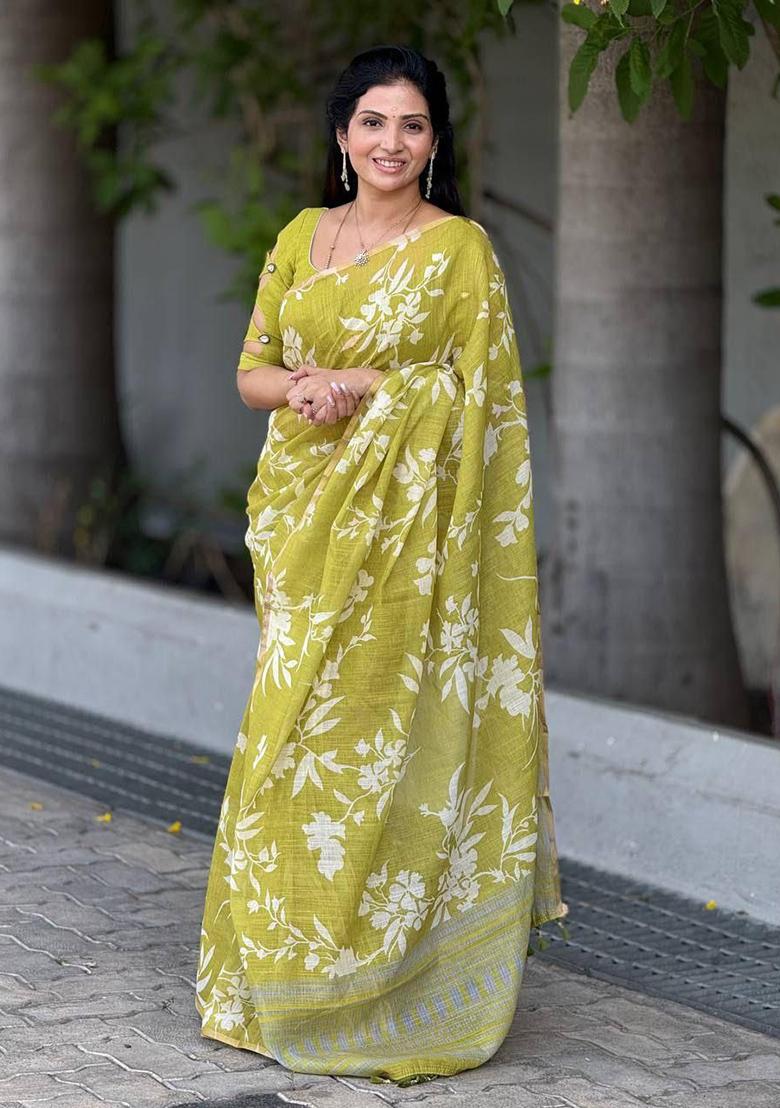 Lime Green Printed Linen Saree Set - Indya