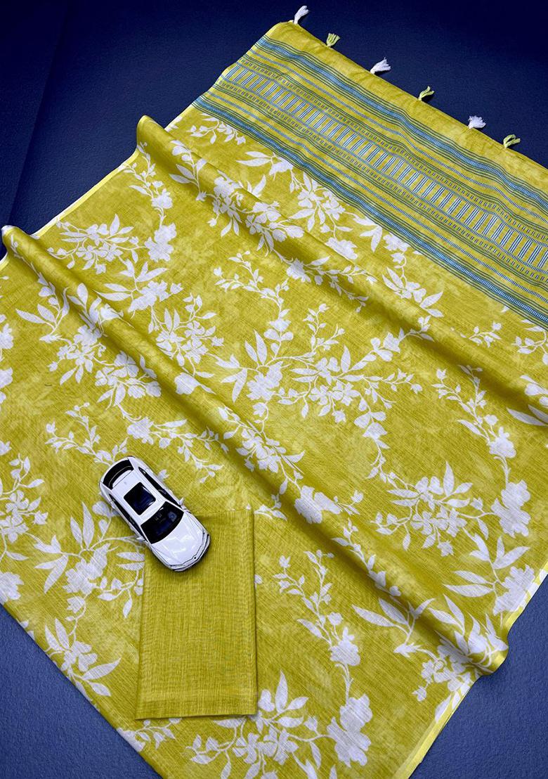 Lime Green Printed Linen Saree Set - Indya