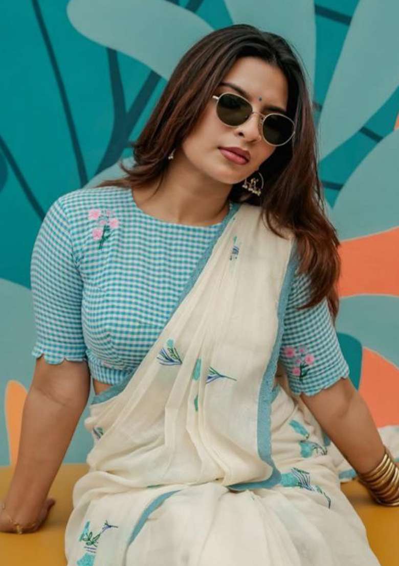 Sky Blue Linen Saree Set with Printed for Diwali | Wedding & Festive Wear - Indya
