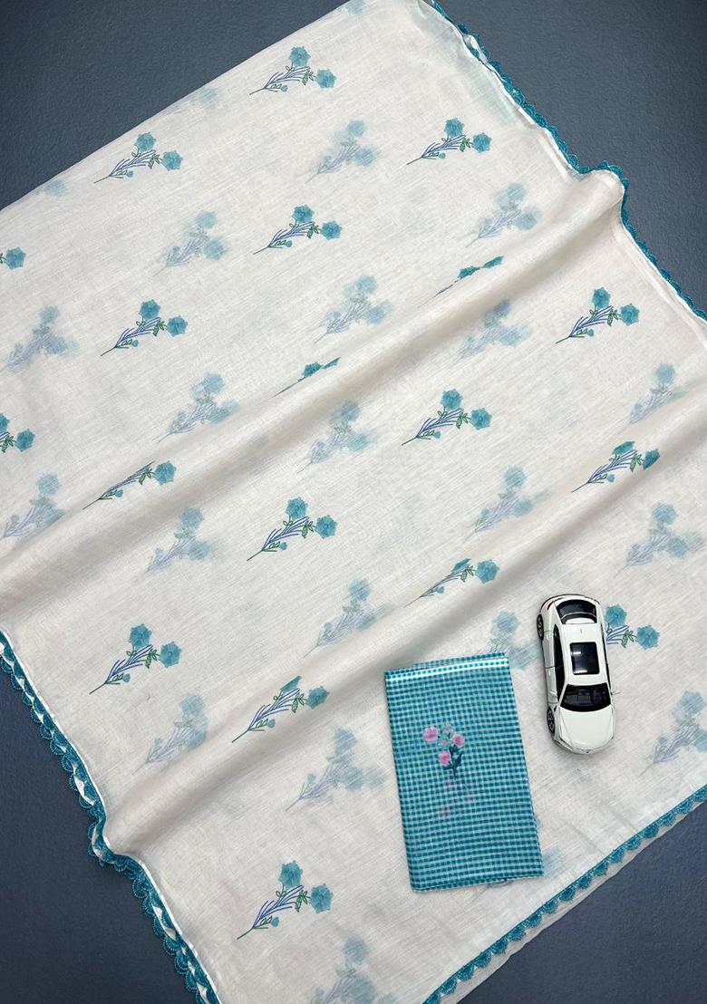 Sky Blue Printed Linen Saree Set - Indya