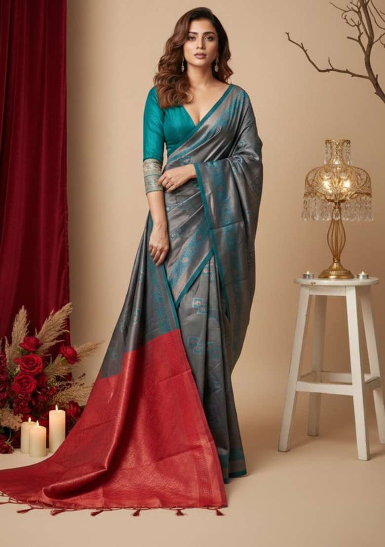 Teal Blue And Red Zari Work Silk Blend Saree Set for Diwali and Festive Wear - Indya