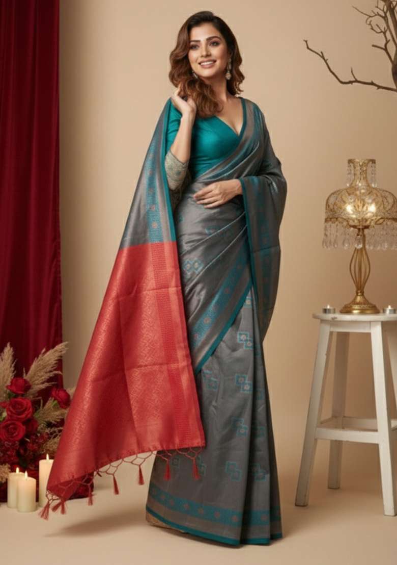Teal Blue And Red Zari Work Silk Blend Saree Set for Diwali and Festive Wear - Indya