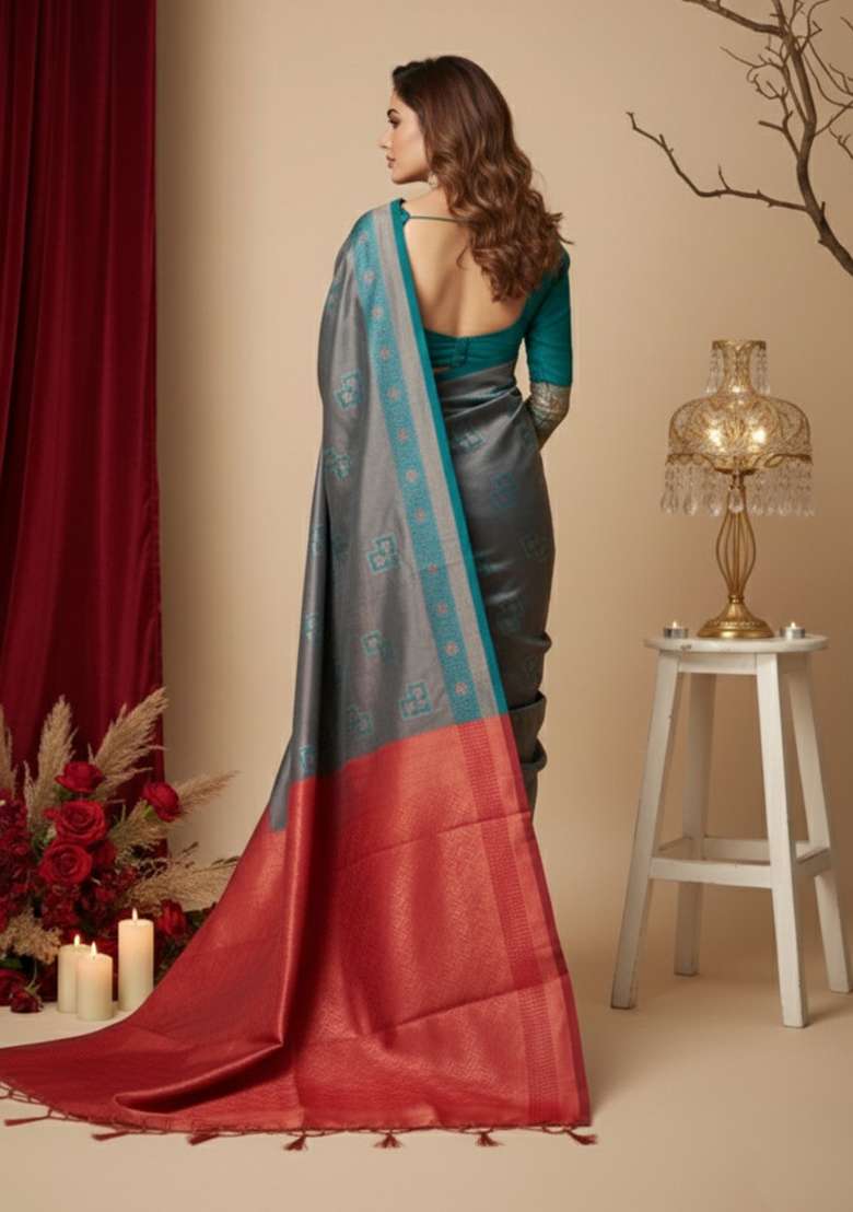 Teal Blue And Red Zari Work Silk Blend Saree Set for Diwali and Festive Wear - Indya