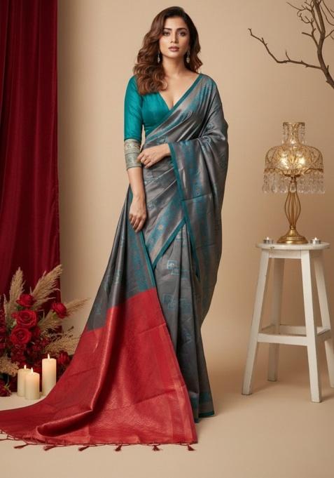 Teal Blue And Red Zari Work Silk Saree Set