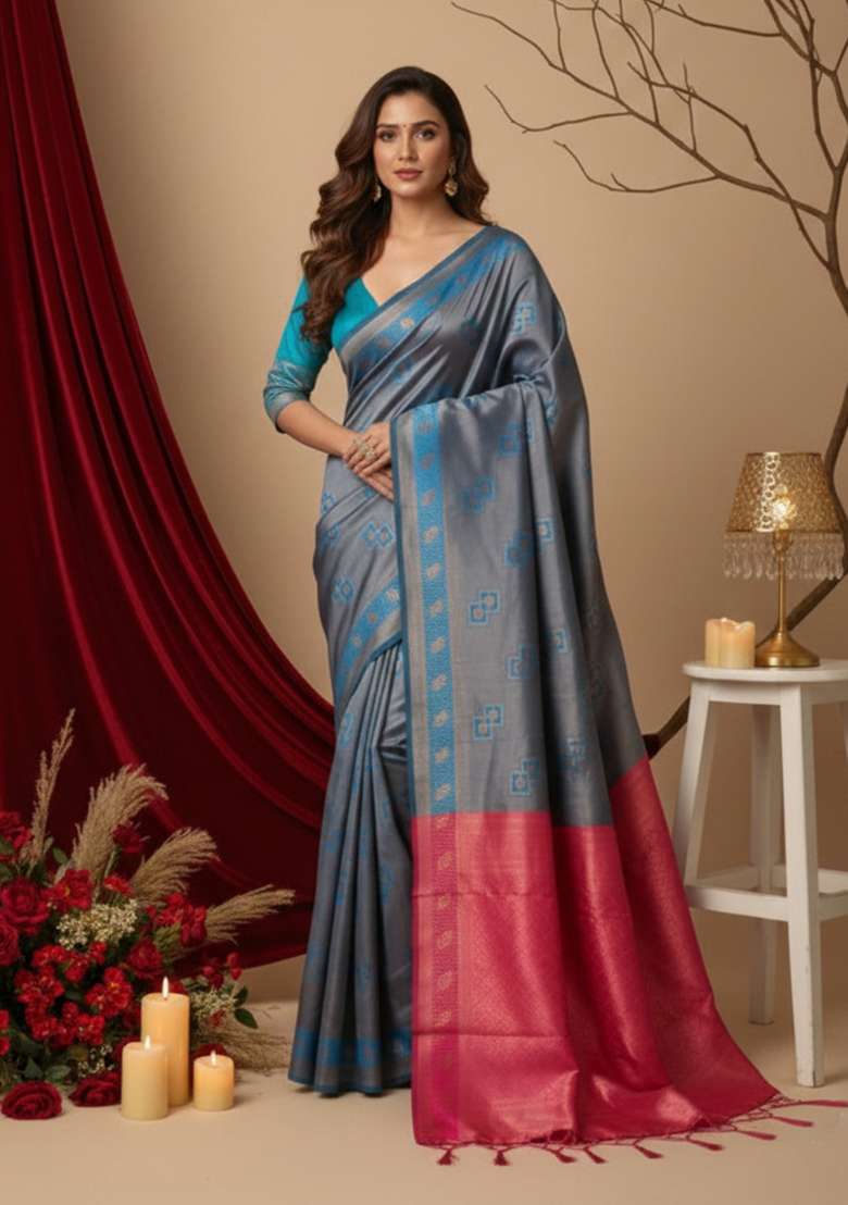 Teal Blue And Pink Zari Work Silk Blend Saree Set for Diwali and Festive Wear - Indya