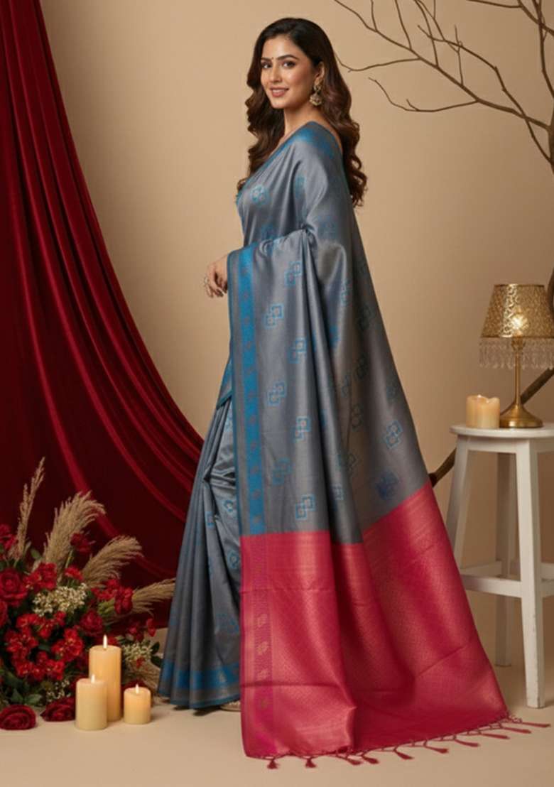 Teal Blue And Pink Zari Work Silk Blend Saree Set for Diwali and Festive Wear - Indya