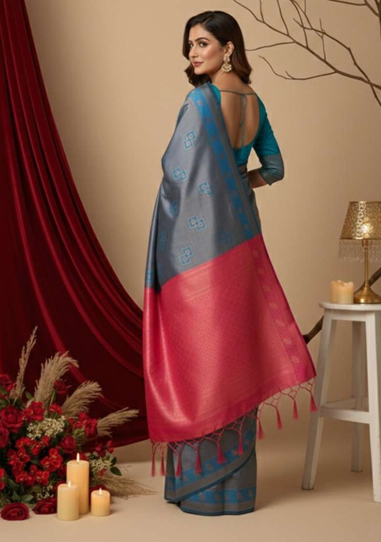 Teal Blue And Pink Zari Work Silk Blend Saree Set for Diwali and Festive Wear - Indya