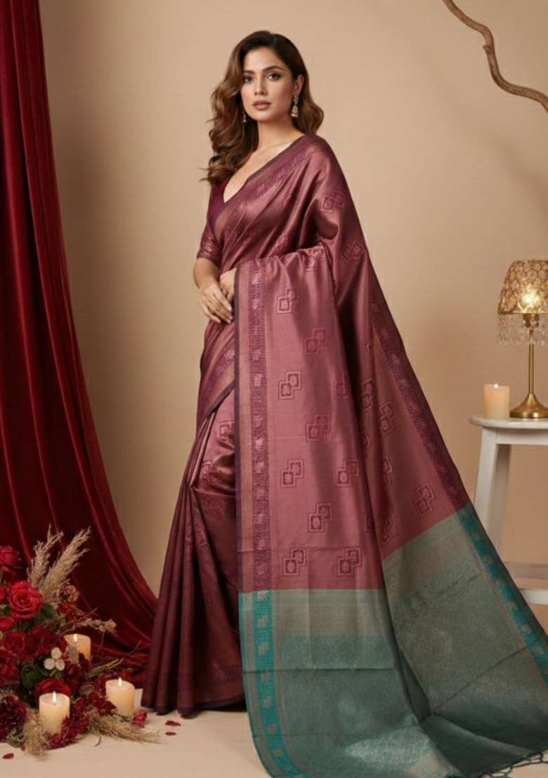 Maroon Zari Work Silk Blend Saree Set for Diwali and Festive Wear - Indya