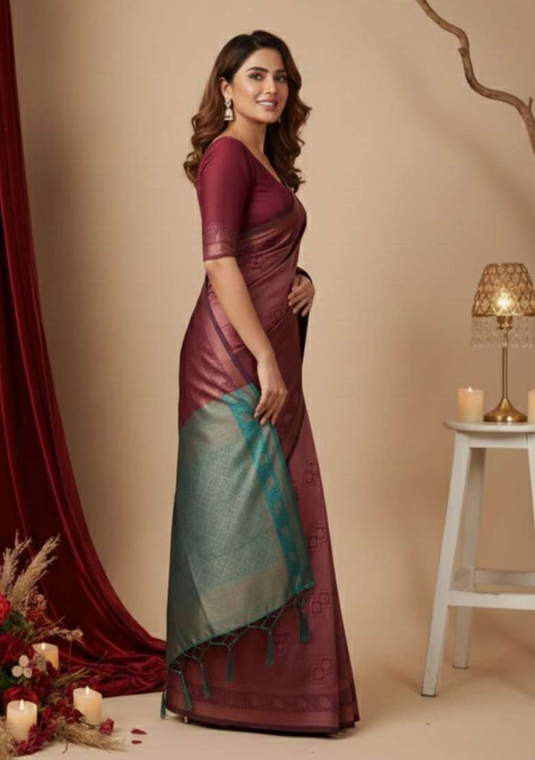 Maroon Zari Work Silk Blend Saree Set for Diwali and Festive Wear - Indya