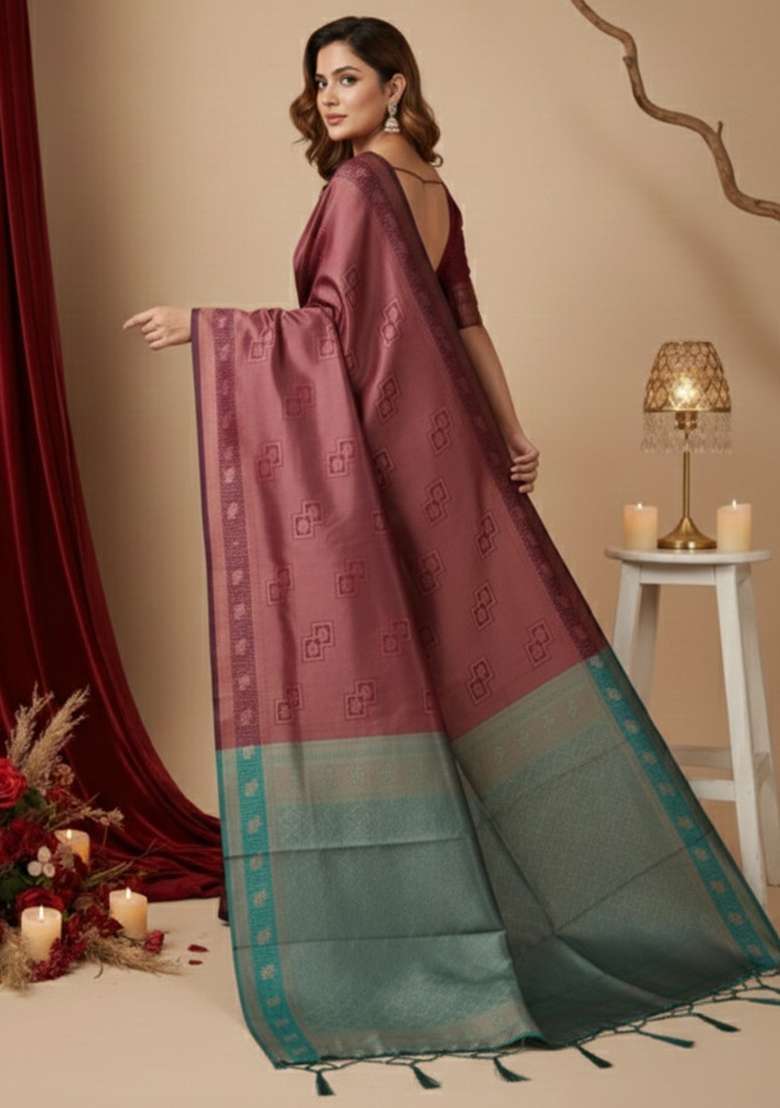 Maroon Zari Work Silk Blend Saree Set for Diwali and Festive Wear - Indya