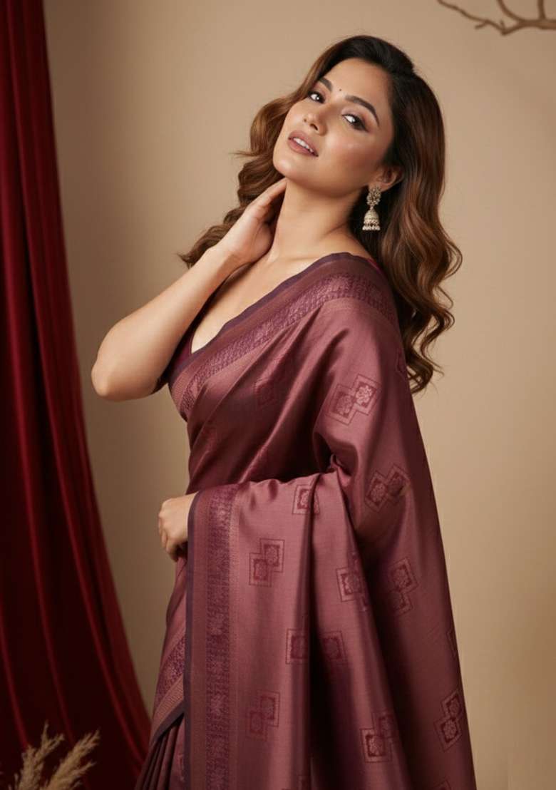 Maroon Zari Work Silk Blend Saree Set for Diwali and Festive Wear - Indya