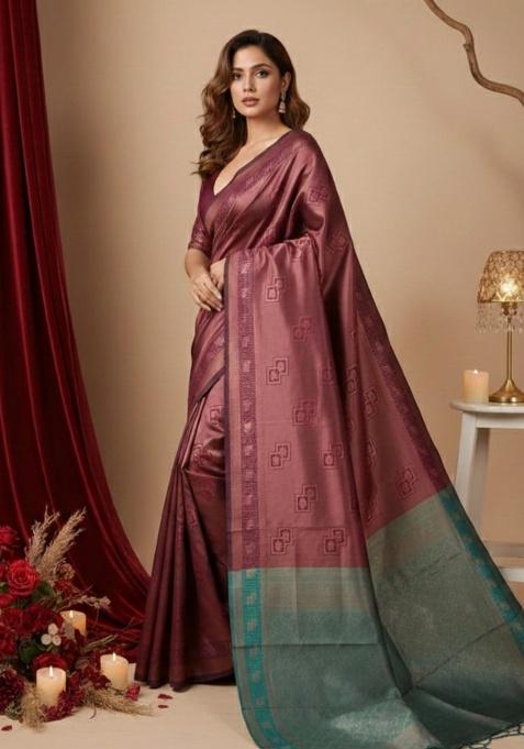 Maroon Zari Work Silk Saree Set