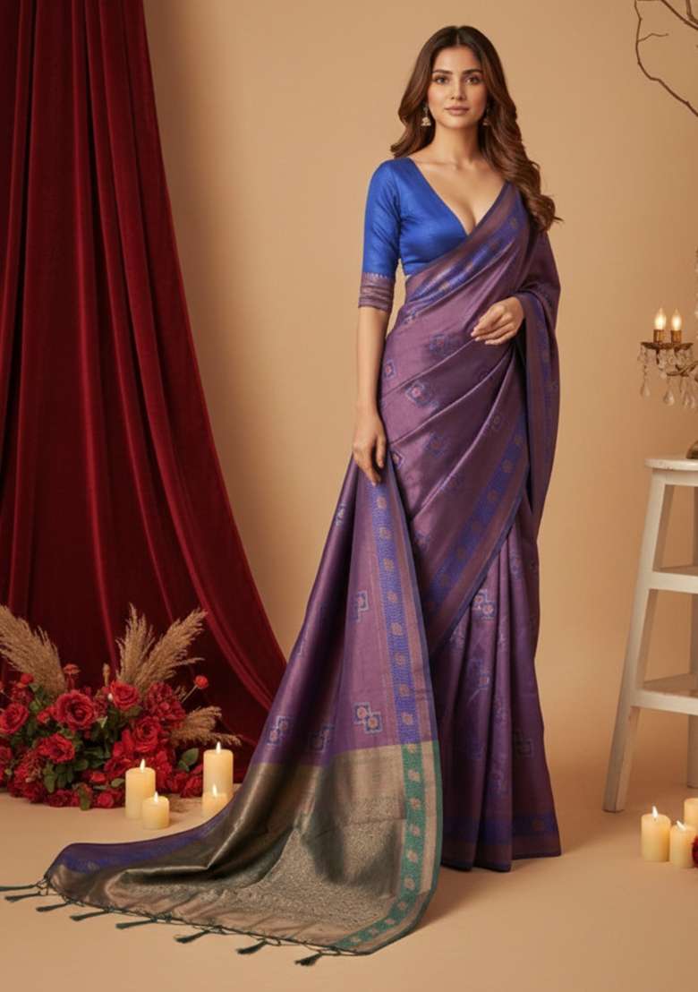 Purple Zari Work Silk Blend Saree Set - Indya