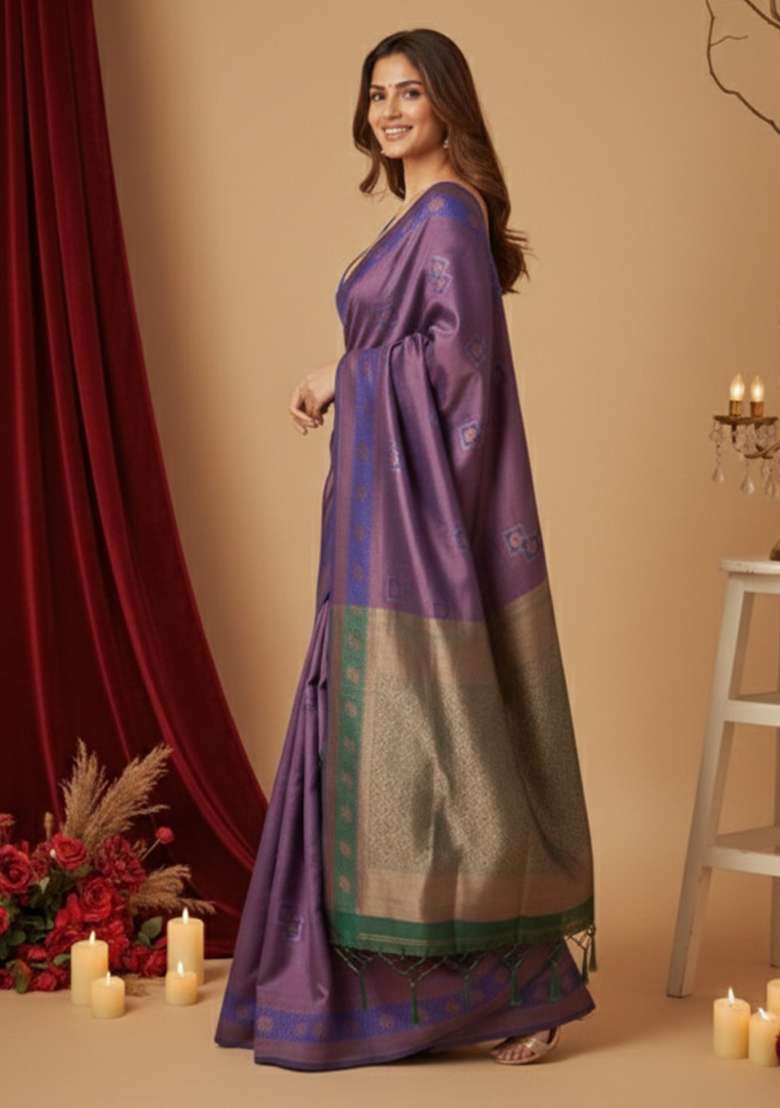 Purple Zari Work Silk Blend Saree Set - Indya