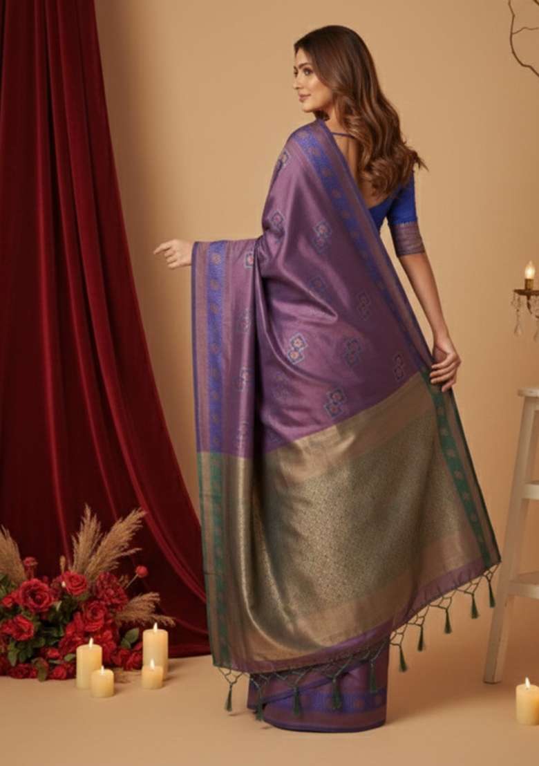 Purple Zari Work Silk Blend Saree Set - Indya