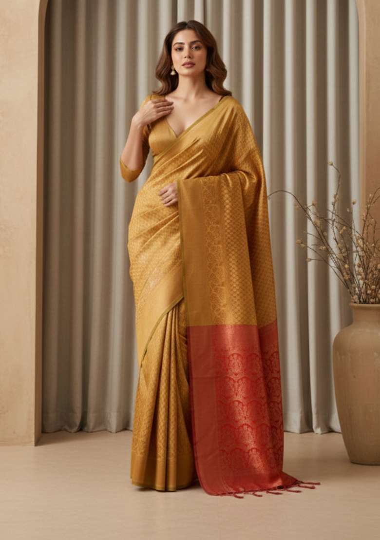 Yellow Silk Blend Saree Set with Zari Work for Diwali | Wedding & Festive Wear - Indya