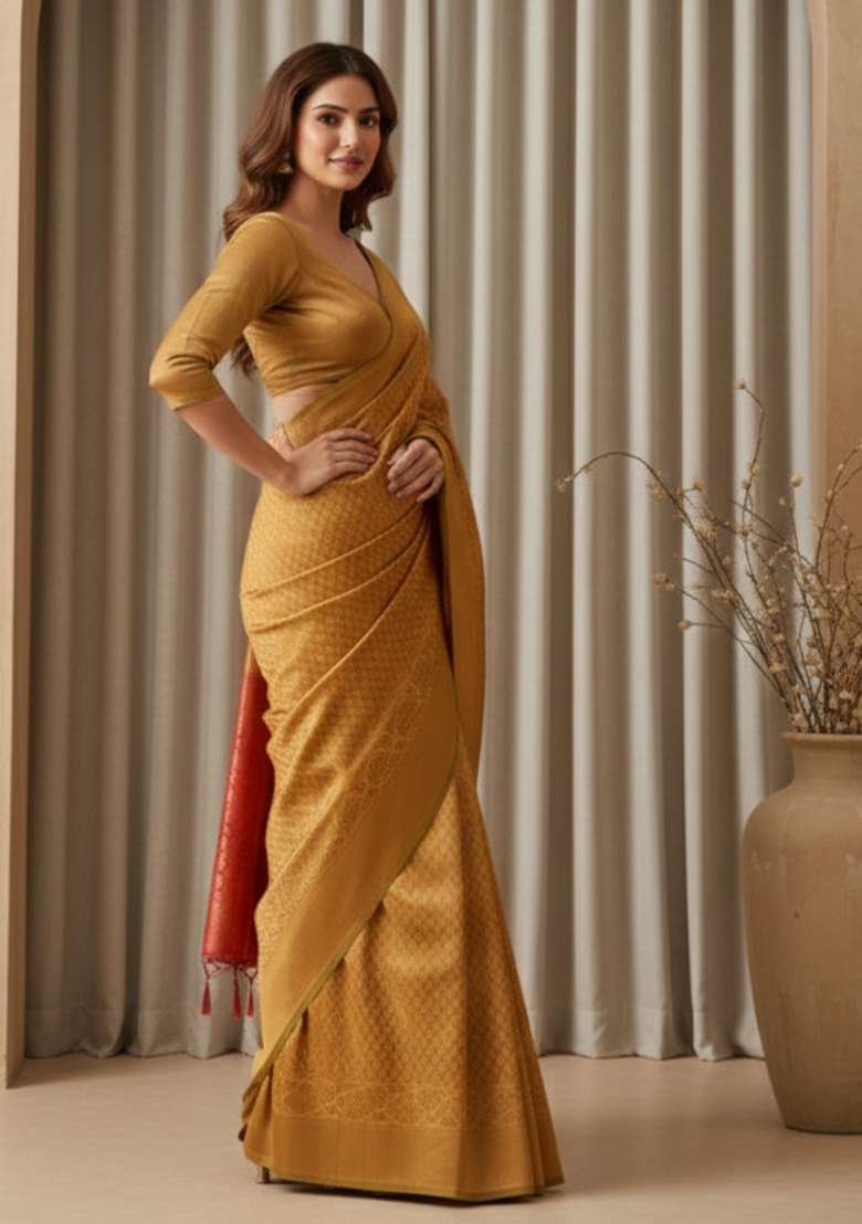 Yellow Silk Blend Saree Set with Zari Work for Diwali | Wedding & Festive Wear - Indya