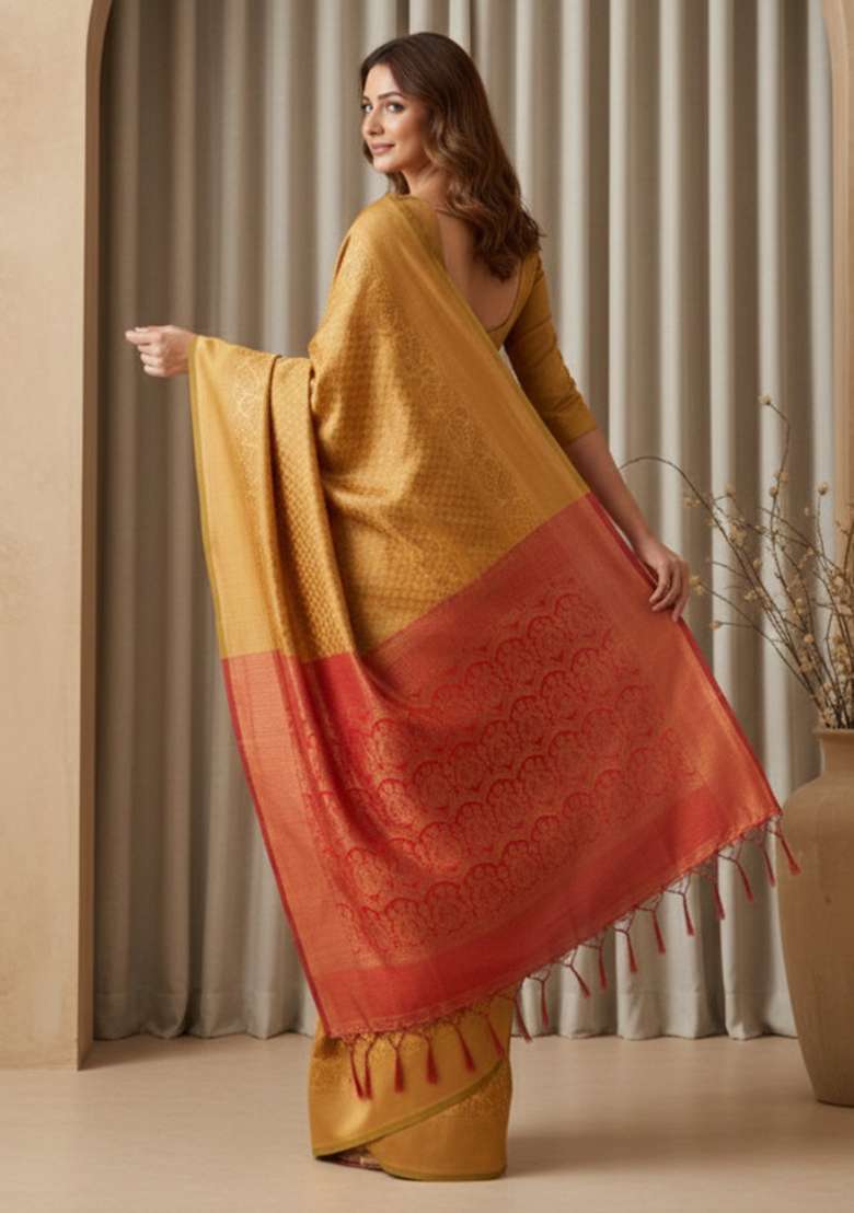 Yellow Silk Blend Saree Set with Zari Work for Diwali | Wedding & Festive Wear - Indya