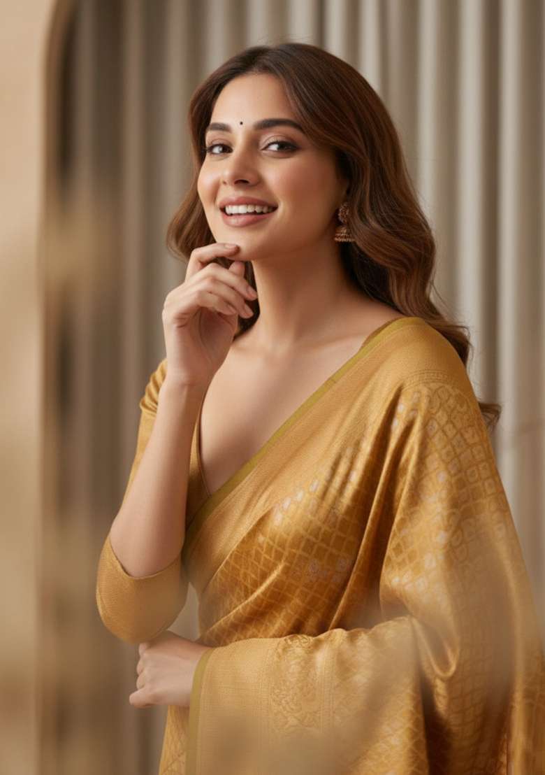 Yellow Silk Blend Saree Set with Zari Work for Diwali | Wedding & Festive Wear - Indya