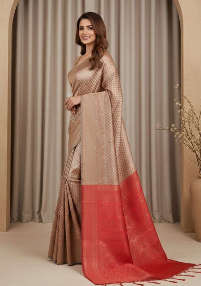 Beige Zari Work Silk Blend Saree Set for Diwali and Festive Wear - Indya