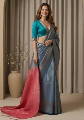 Blue Zari Work Silk Saree Set