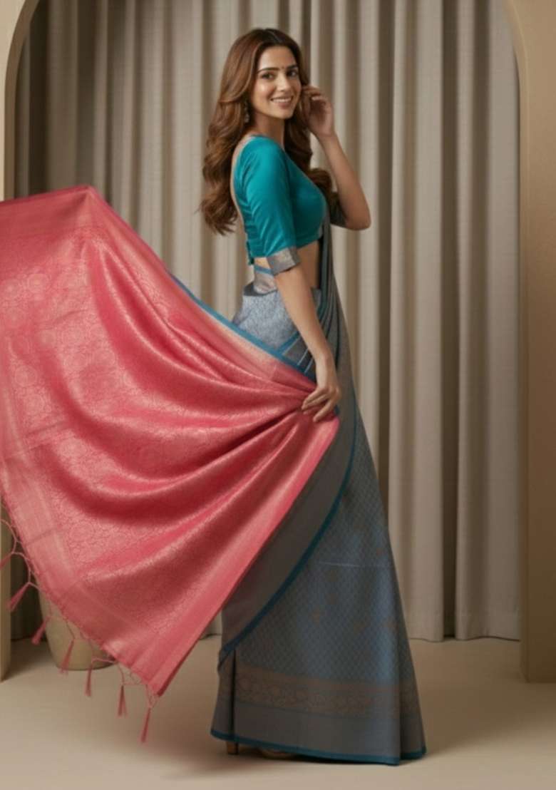 Blue Silk Blend Saree Set with Zari Work for Diwali | Wedding & Festive Wear - Indya