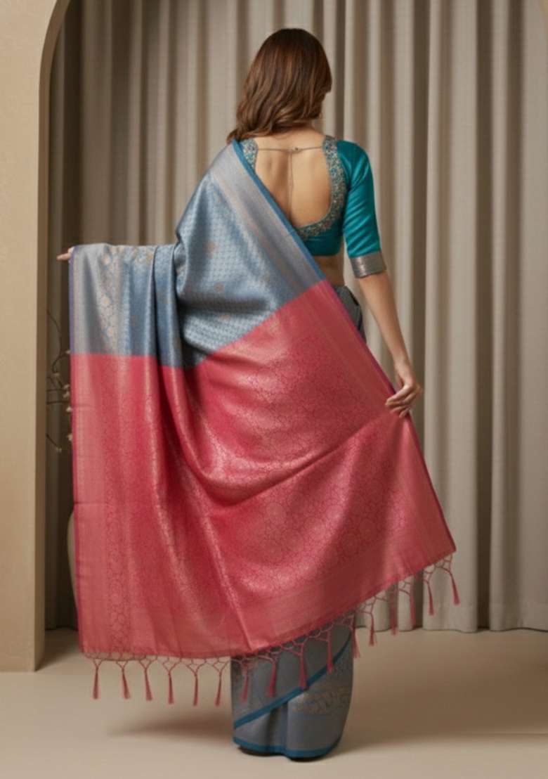 Blue Silk Blend Saree Set with Zari Work for Diwali | Wedding & Festive Wear - Indya