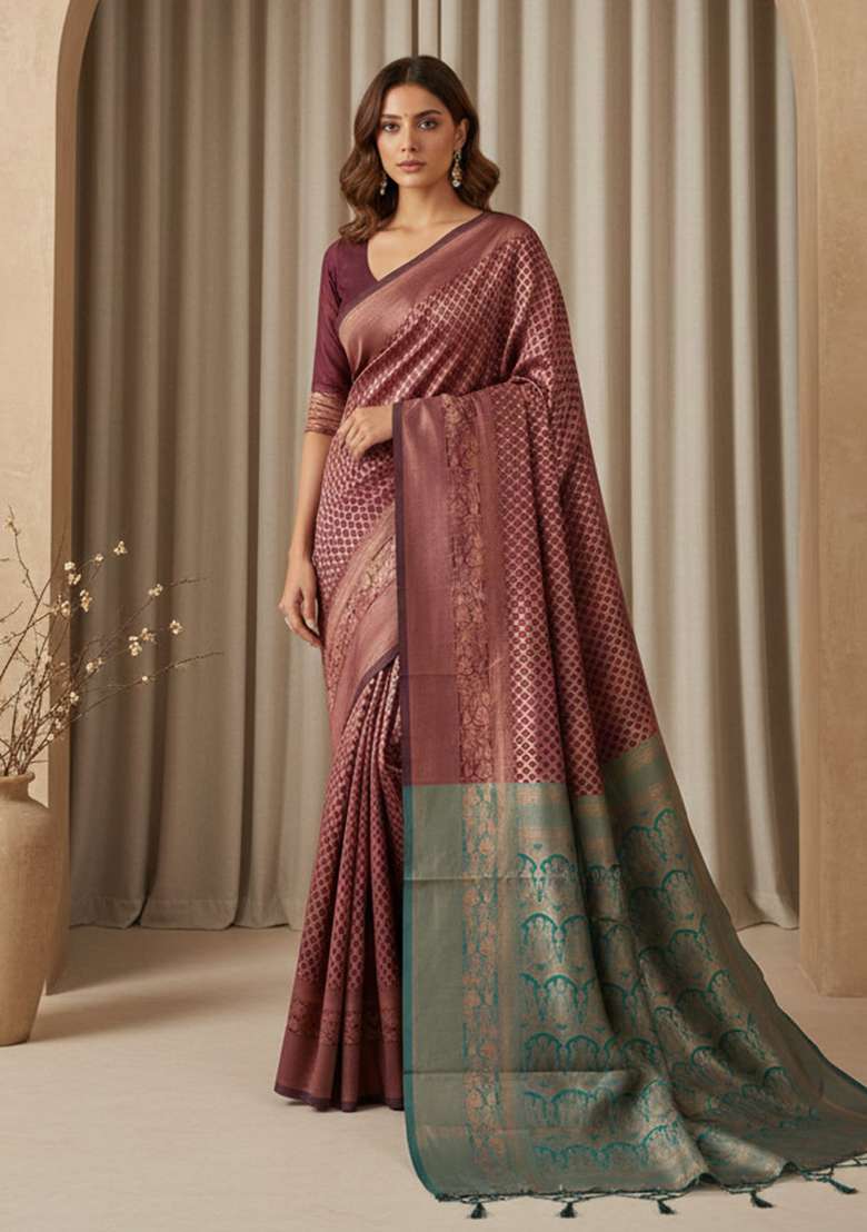Maroon Silk Blend Saree Set with Zari Work for Diwali | Wedding & Festive Wear - Indya