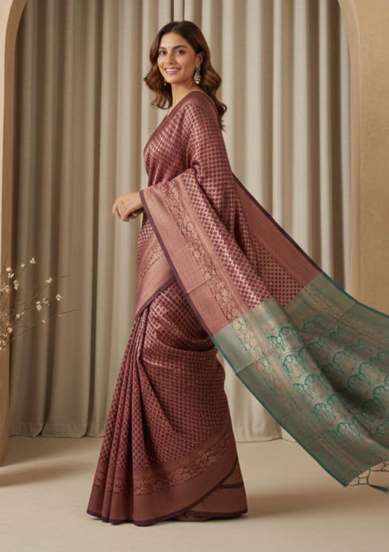 Maroon Silk Blend Saree Set with Zari Work for Diwali | Wedding & Festive Wear - Indya