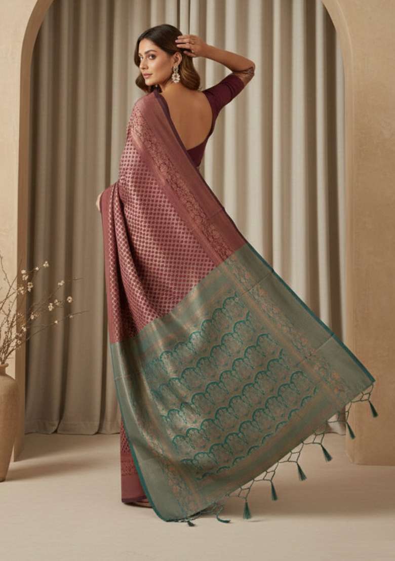 Maroon Silk Blend Saree Set with Zari Work for Diwali | Wedding & Festive Wear - Indya